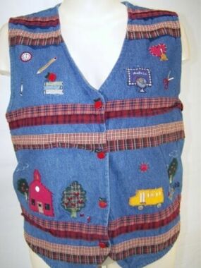 Bobbie Brooks Denim Vest with Red Plaid Trim